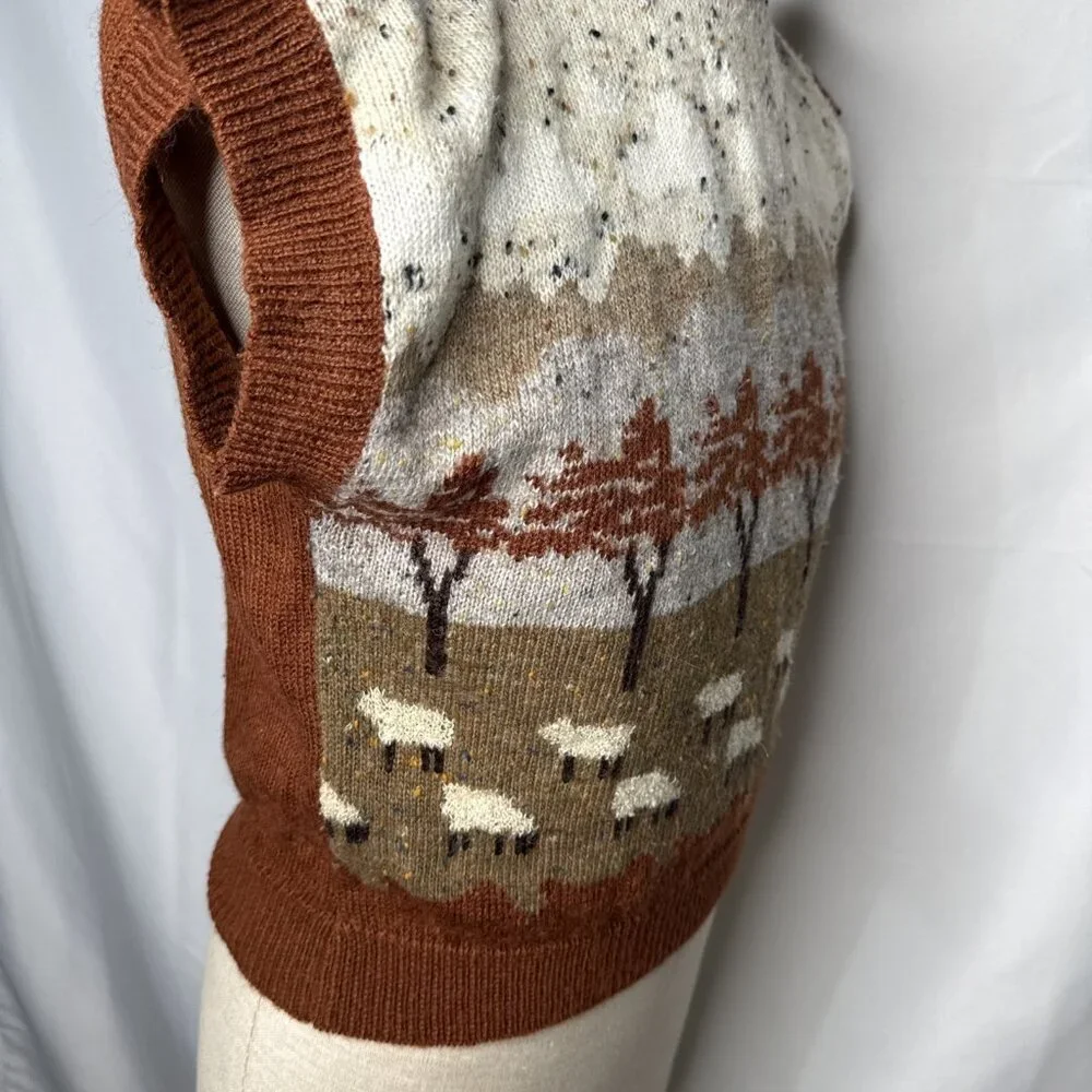 Vintage Sheep Wool Sweater Vest Sz L Brown Trees Grannycore Grandma Cottagecore - Picture 5 of 7